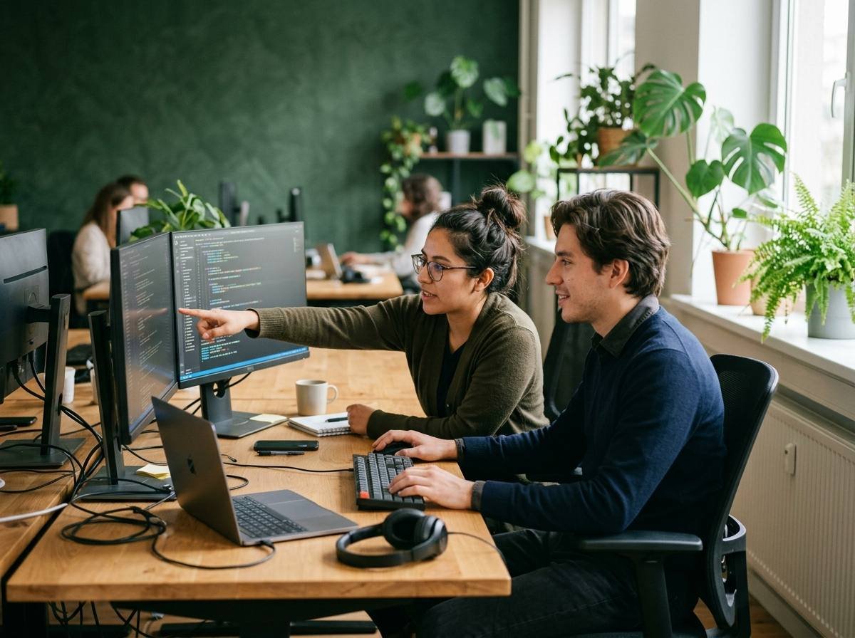 Software engineers reviewing code and technical architecture at a shared desk